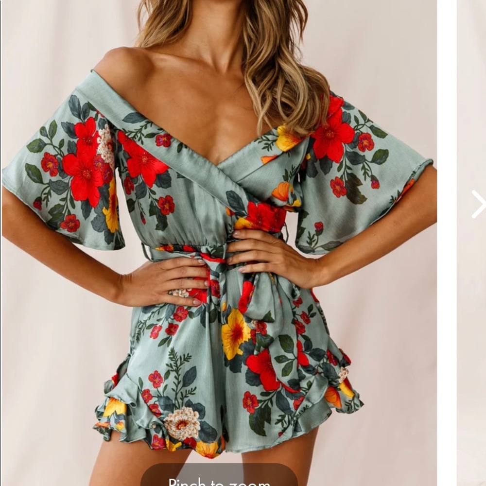 Floral, sage green romper. Size small